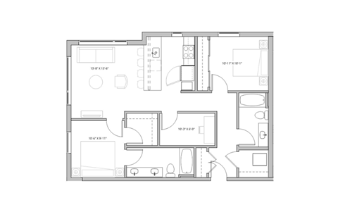 Floor plan for 2 beds, 2 baths, 1023 sqft